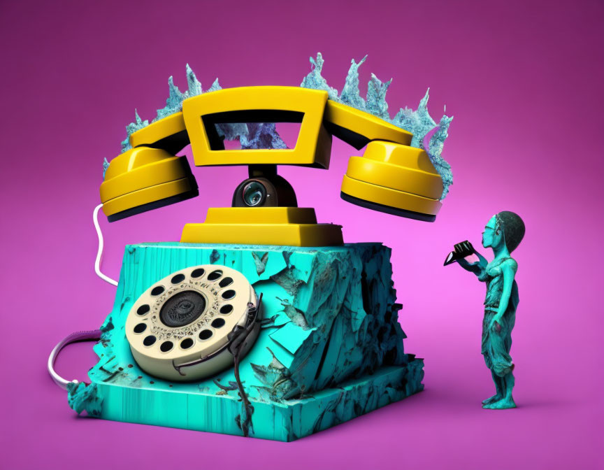 Turquoise statue-like figure with camera and melting yellow rotary phone on dark-purple background