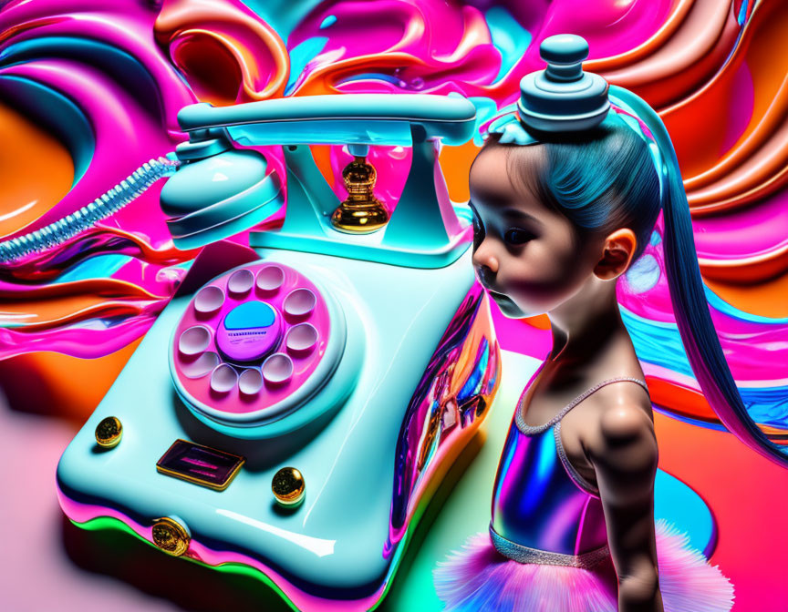 Surreal character with exaggerated features and vintage turquoise rotary phone on vibrant multicolored background