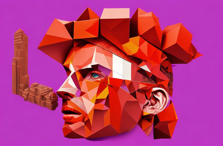 Colorful geometric human face on purple background with building structure.