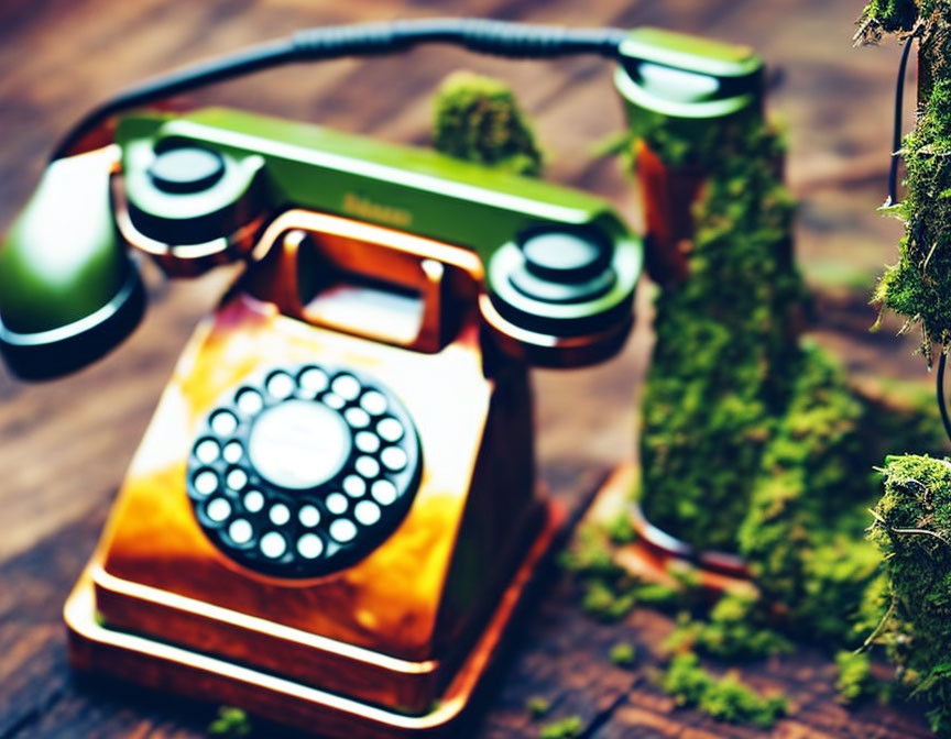 Bronze Vintage Rotary Dial Phone with Greenery on Wooden Surface