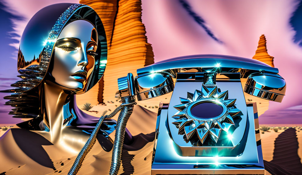 Surreal illustration of metallic woman's face with vintage telephone in desert