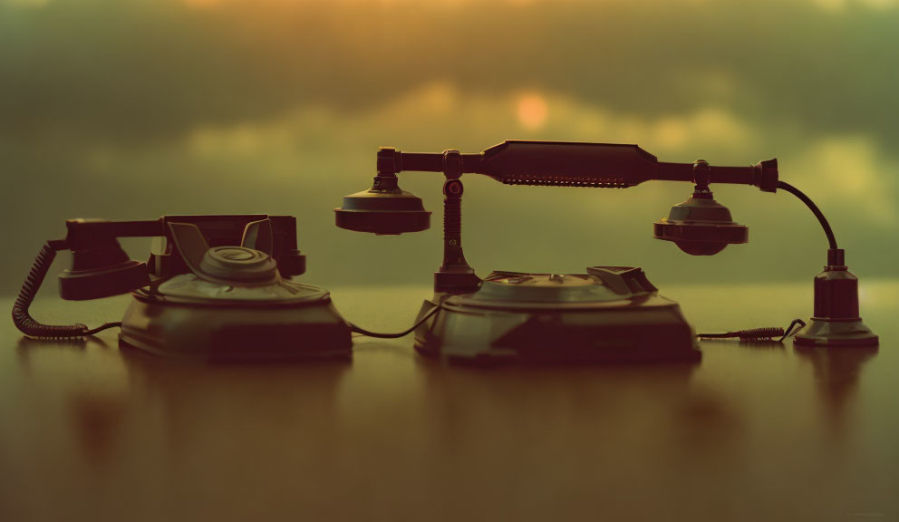 Vintage Rotary Phones with Handsets Balanced in Mid-Air Against Sunset Sky