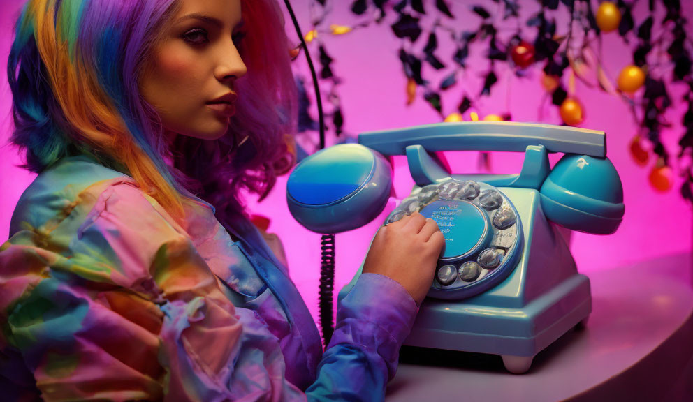 Colorful Hair Woman with Vintage Blue Rotary Phone in Purple Lit Room