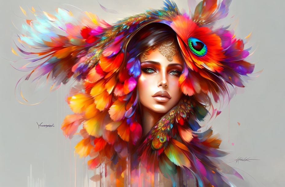 Colorful Digital Artwork: Woman with Feather Headdress