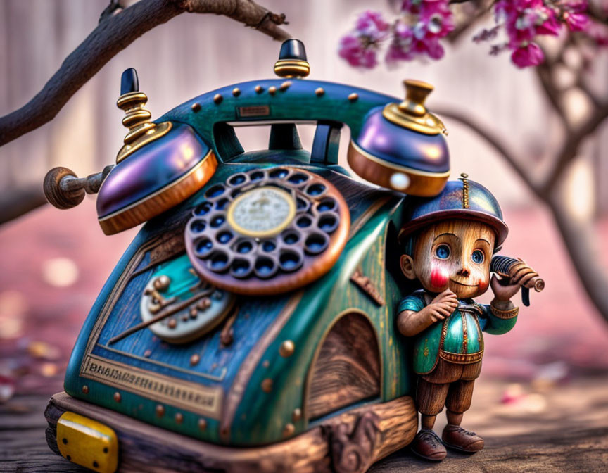 Vintage-style telephone and Pinocchio-like figurine with pink blossoms