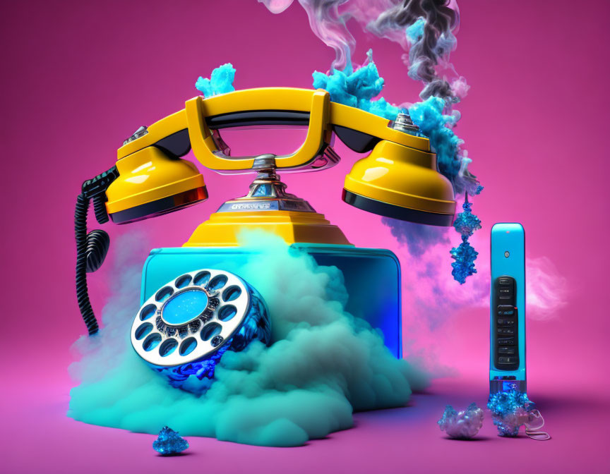 Vintage yellow rotary phone melting on turquoise base with blue smoke, modern cordless phone nearby