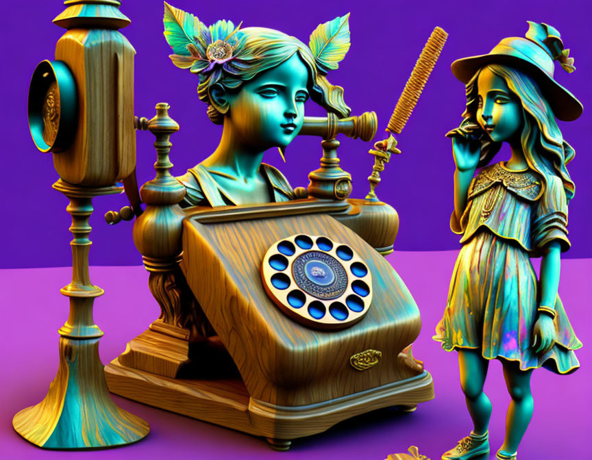 Vibrant surreal artwork: wooden rotary phone, stylized human figures, and metallic candlestick on