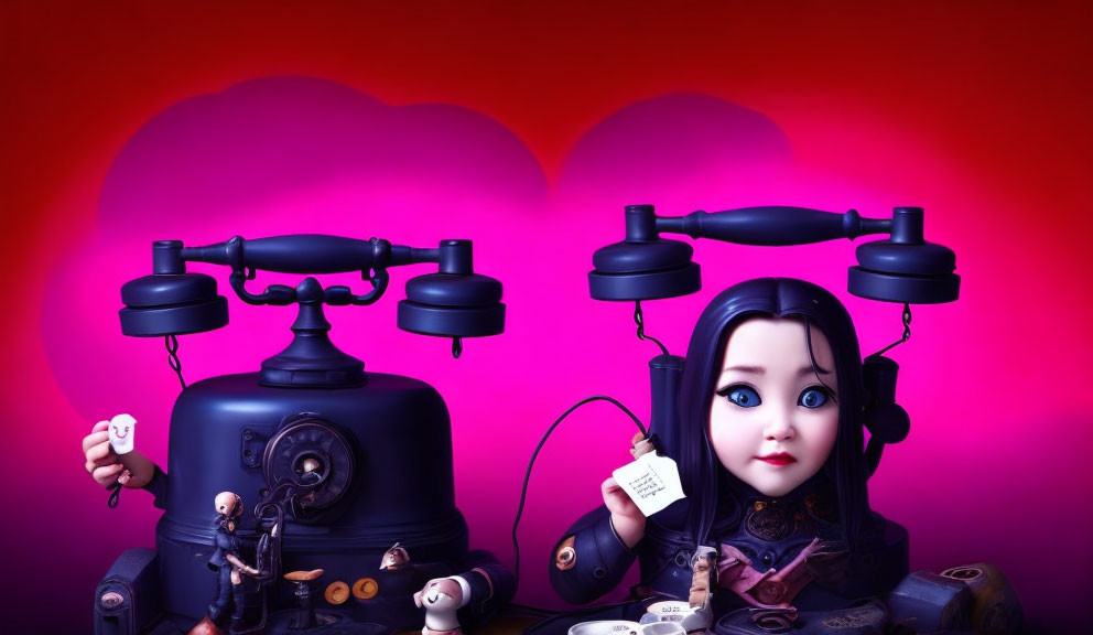 Animated girl with big eyes and black hair next to vintage telephone in whimsical setting on red backdrop.