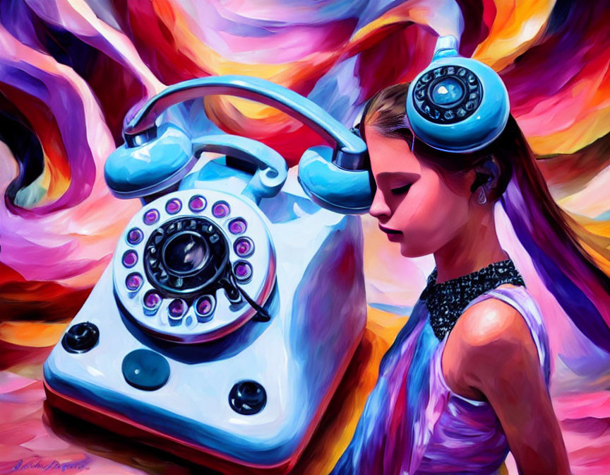 Girl with Rotary Phone Hat Beside Larger Phone on Swirl Background