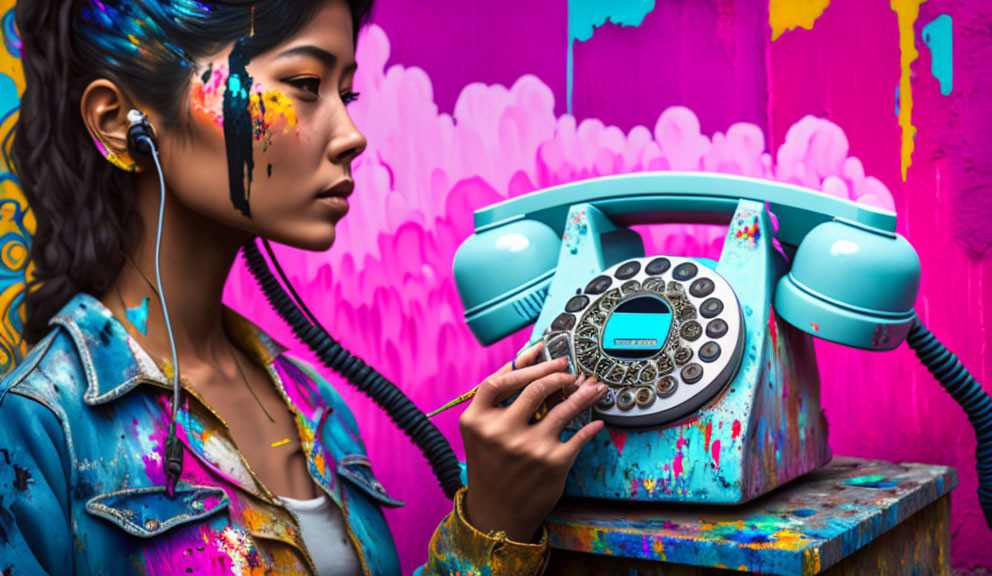 Colorful Makeup Woman with Blue Telephone Against Graffiti Backdrop