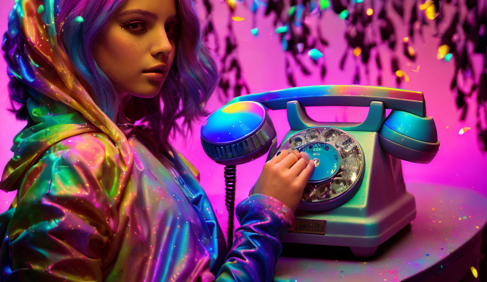 Colorful-haired person with blue retro telephone in pink neon room