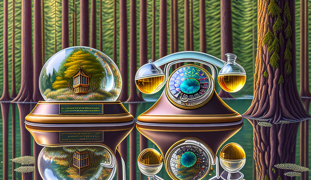 Surreal Artwork: Transparent Spheres in Stylized Forest