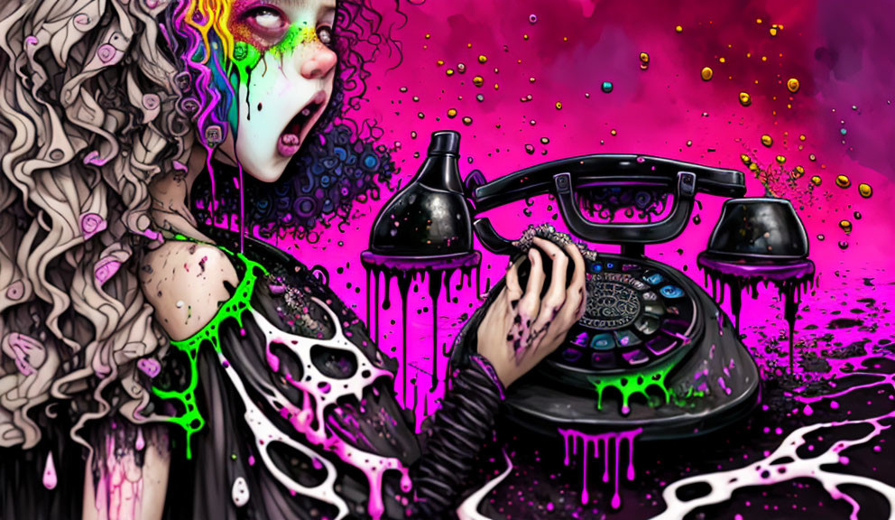 Colorful artwork: Person with rainbow hair and vintage telephone on vibrant pink and purple background.