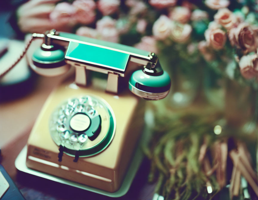 Vintage Rotary Telephone with Teal Handset on Pink Roses Background