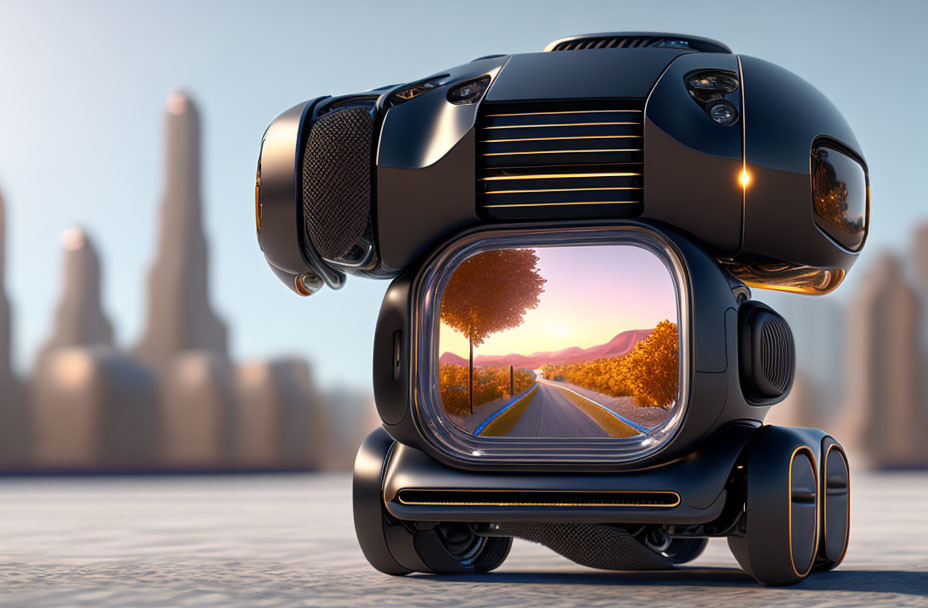 Futuristic vehicle with large sunset road screen & cityscape view