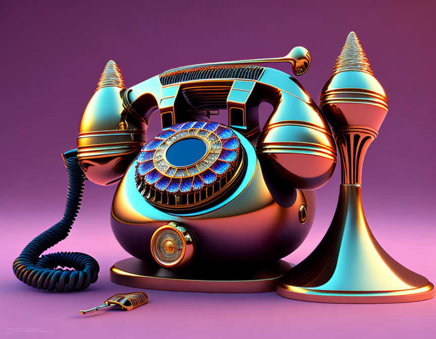 Colorful Abstract Art: Vintage Rotary Phone on Purple Background