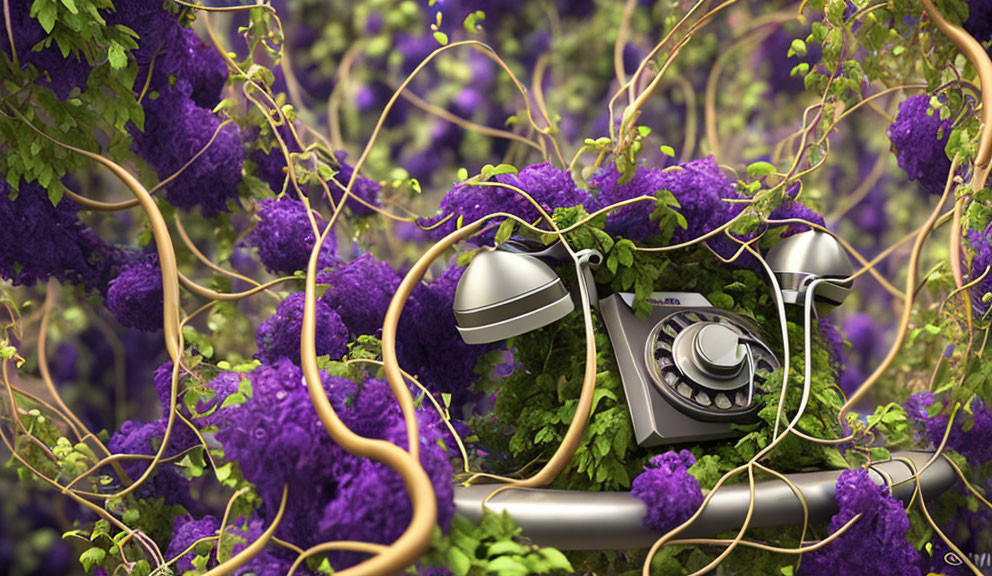 Vintage Rotary Telephone with Purple Flowers and Green Vines