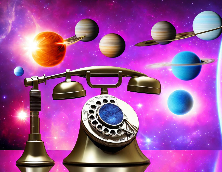 Vintage Rotary Telephone with Cosmic Planets and Stars Background