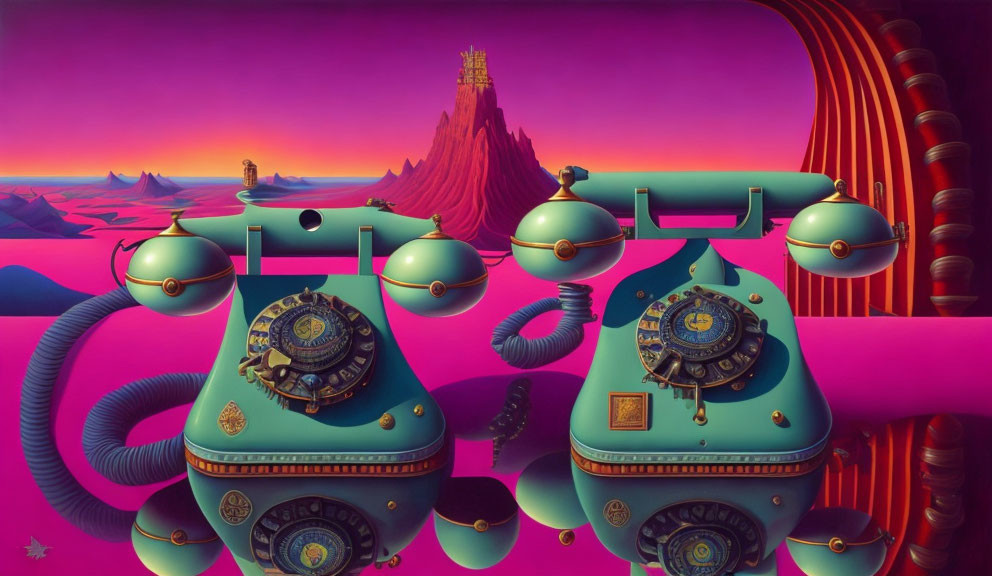 Vibrant surreal landscape with robotic entities in purple tones