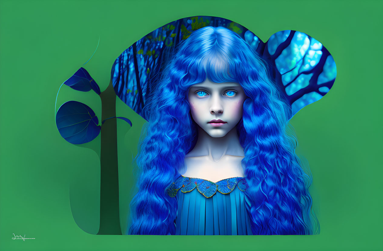 Surreal portrait: Female figure with blue hair and skin on green backdrop, tree and forest cut