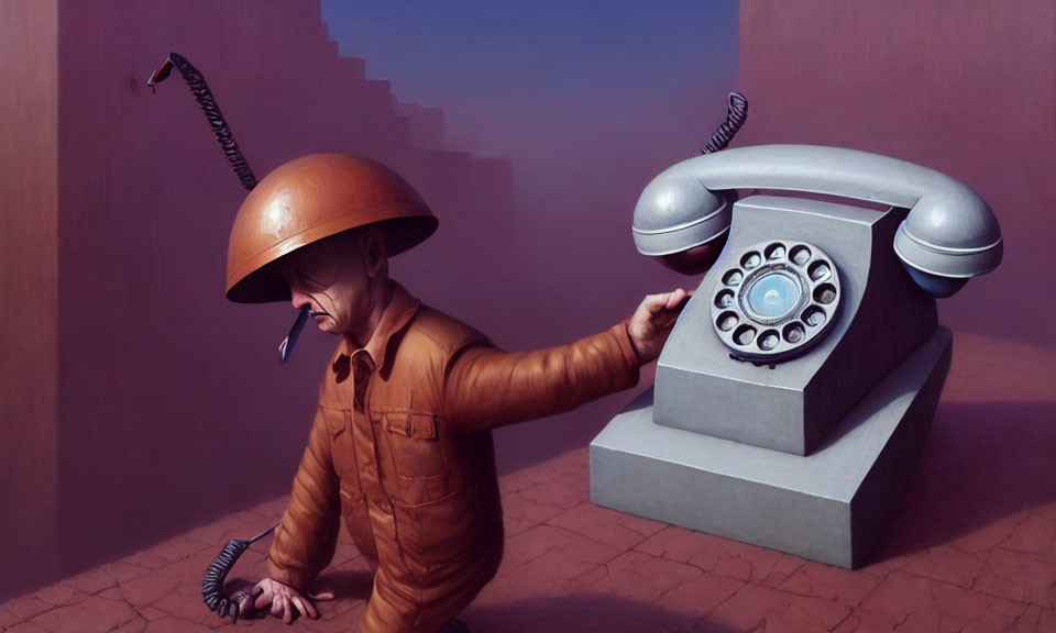 Surreal illustration of man with rotary phone head & helmet on purple background