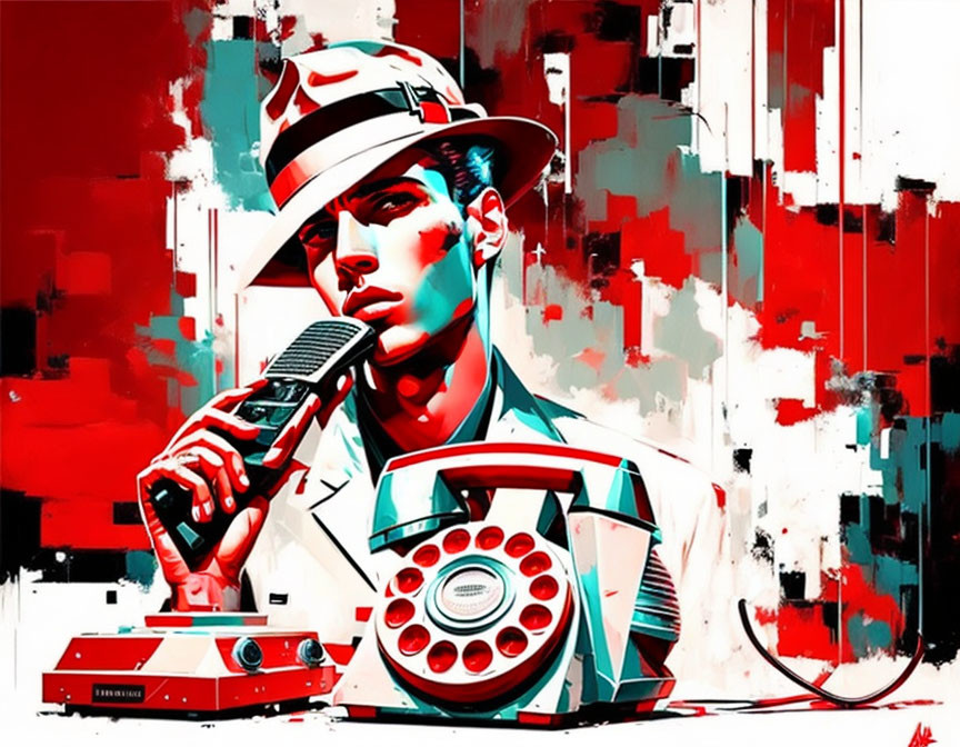 Stylized red and white artwork featuring man with hat and vintage microphone