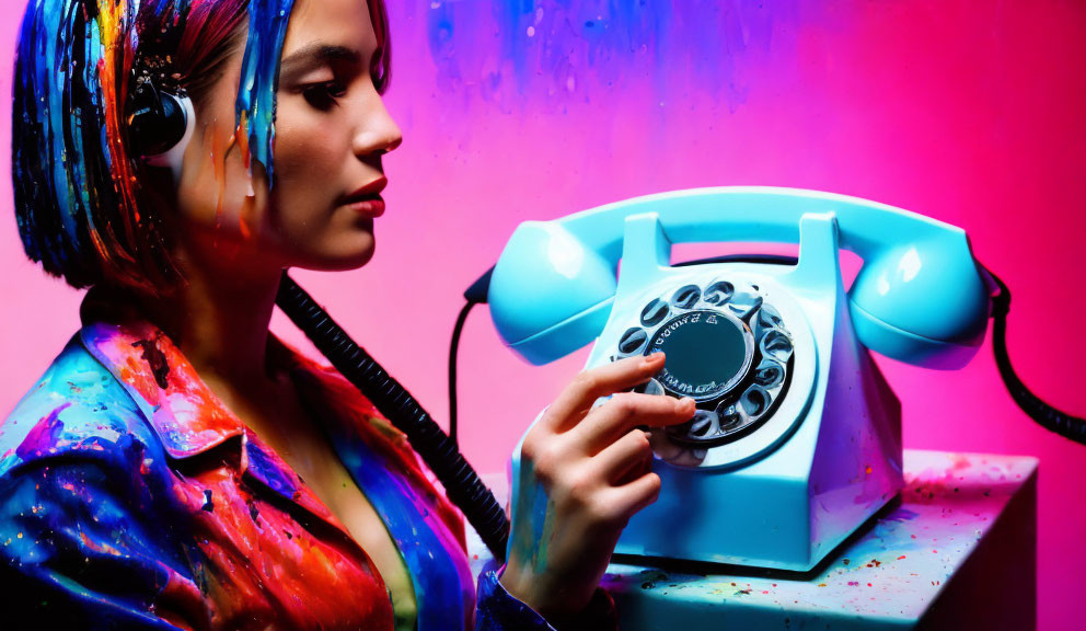 Woman with colorful paint splatters and headphones near vintage blue rotary phone on pink and blue backdrop