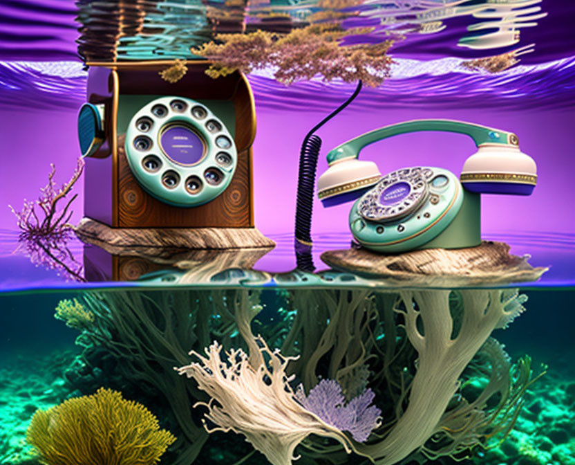 Vintage Rotary Phones on Wooden Stands in Colorful Underwater Scene