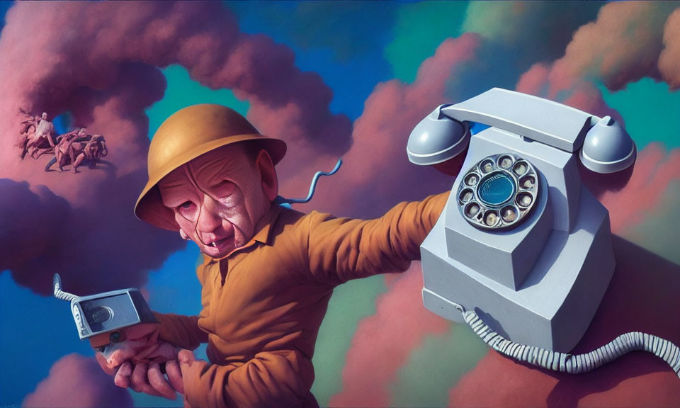 Surreal illustration: character with elongated arm dialing retro telephone