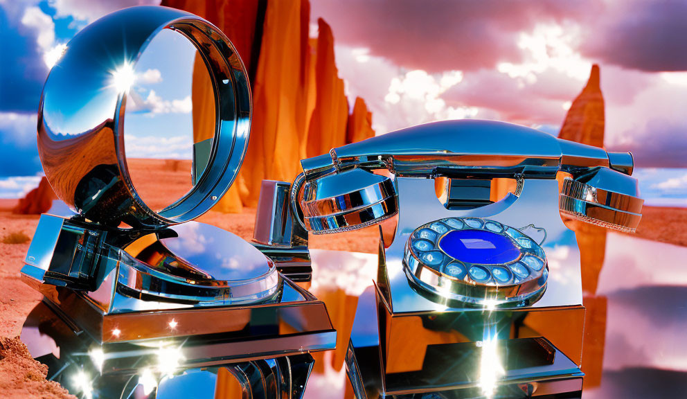Reflective rotary phone on mirrored surface in surreal desert landscape