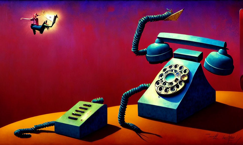 Surreal artwork: Vintage blue telephone, floating receiver, figure ejected through wall explosion