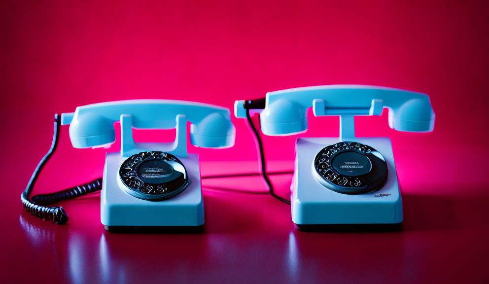 Vintage Aqua and Pink Rotary Phones on Red Background with Handsets Off-Hook