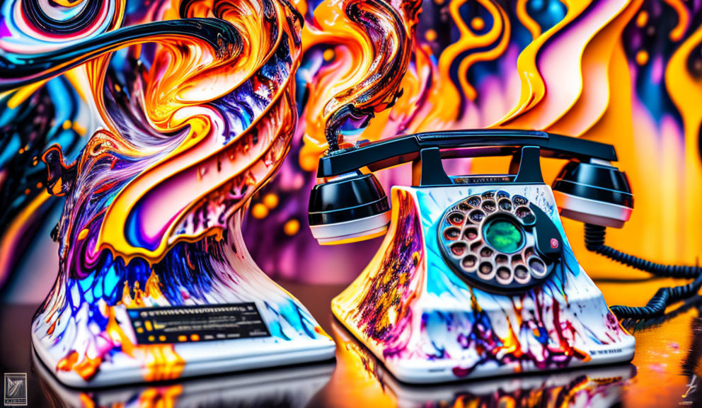 Colorful Vintage Rotary Telephone on Psychedelic Background