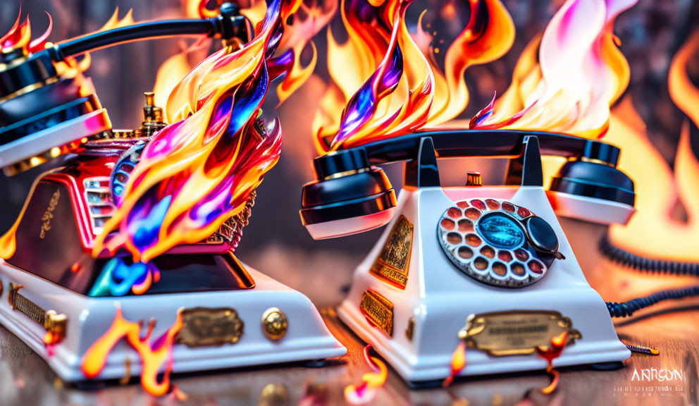 Vintage Telephone Engulfed in Realistic Flames on Wooden Surface