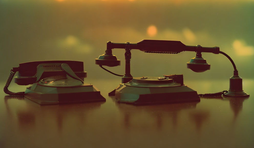 Vintage Telephone and Desk Lamp on Warm, Blurred Background