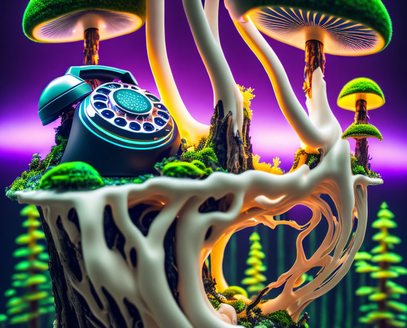 Surreal Artwork: Vintage Rotary Telephone Fused with Tree Trunk, Giant Mushrooms,