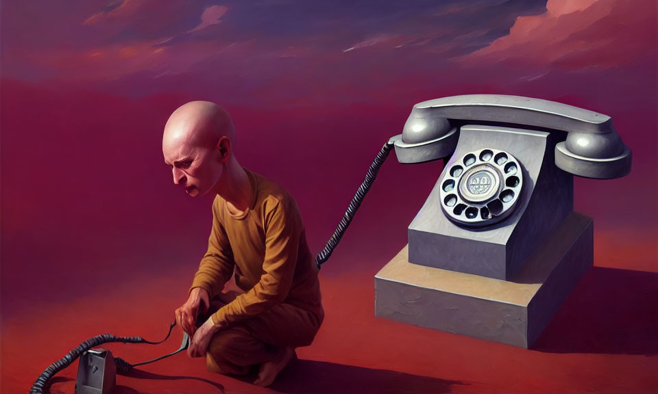 Bald Person in Yellow Shirt Sitting by Rotary Phone in Pink and Purple Sky