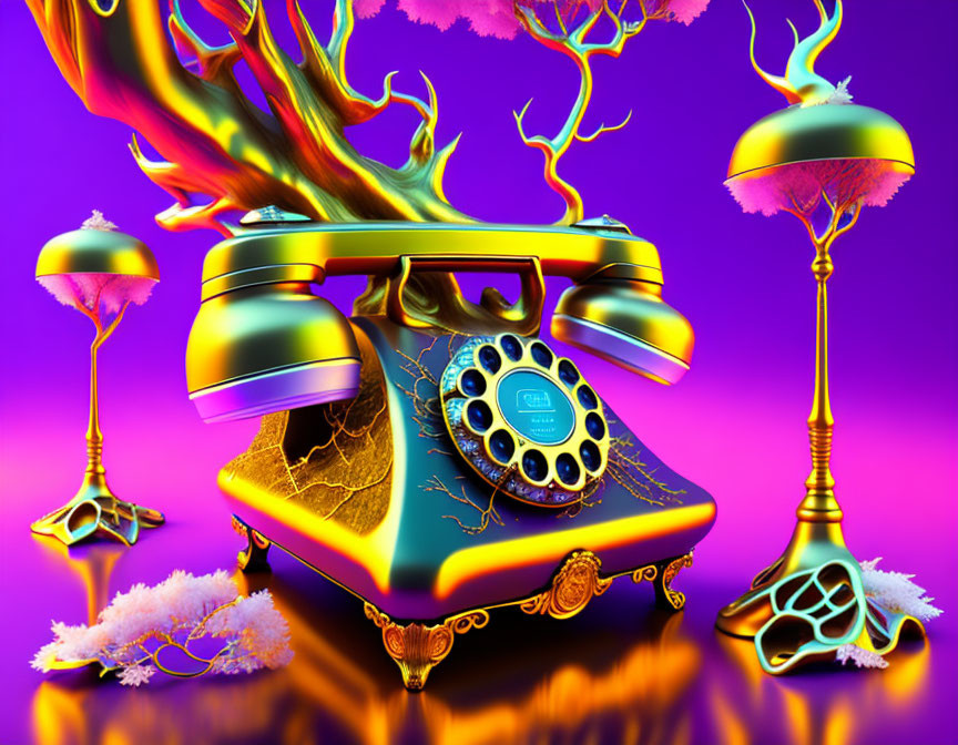 Colorful surreal artwork: Melting rotary phone on purple background with ornate details.