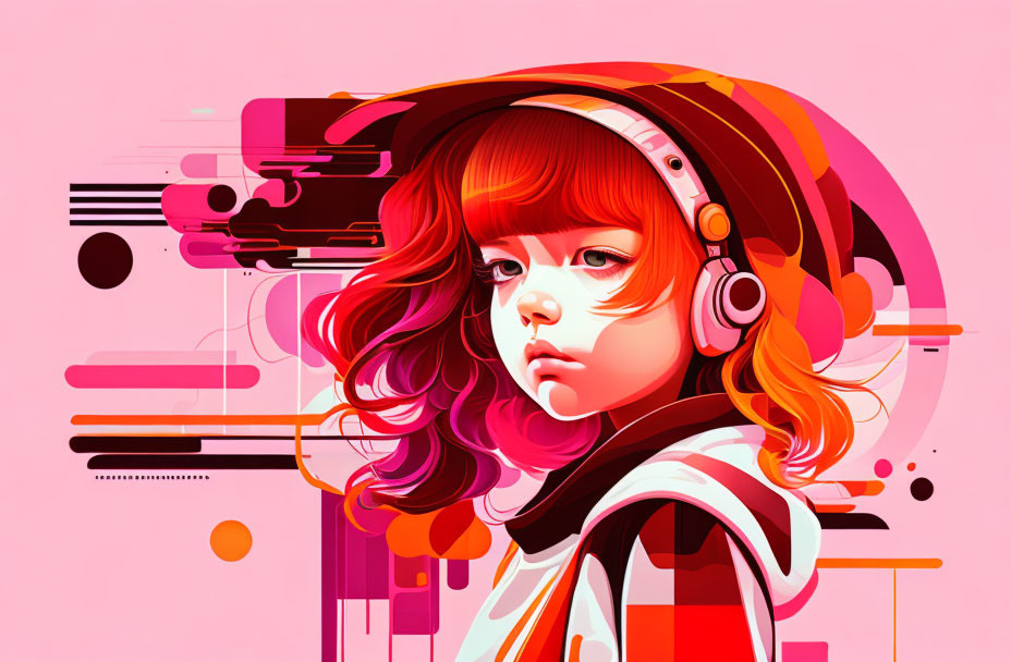 Red-haired girl with headphones in abstract pink and orange design.
