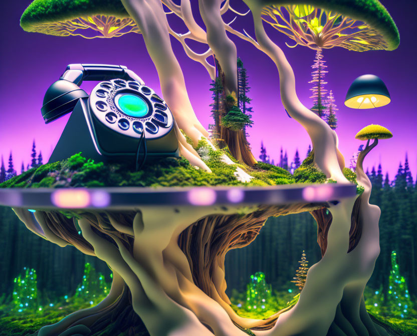 Surreal landscape with vintage phone, glowing trees, mushrooms, purple sky