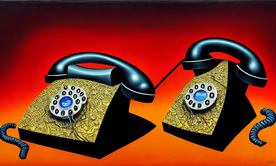 Vintage rotary dial telephones facing each other on red and orange gradient background