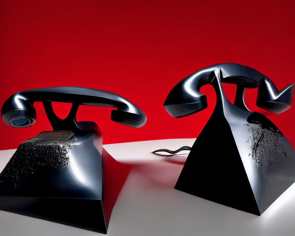 Vintage black telephones with lifted handsets on red background mirror each other