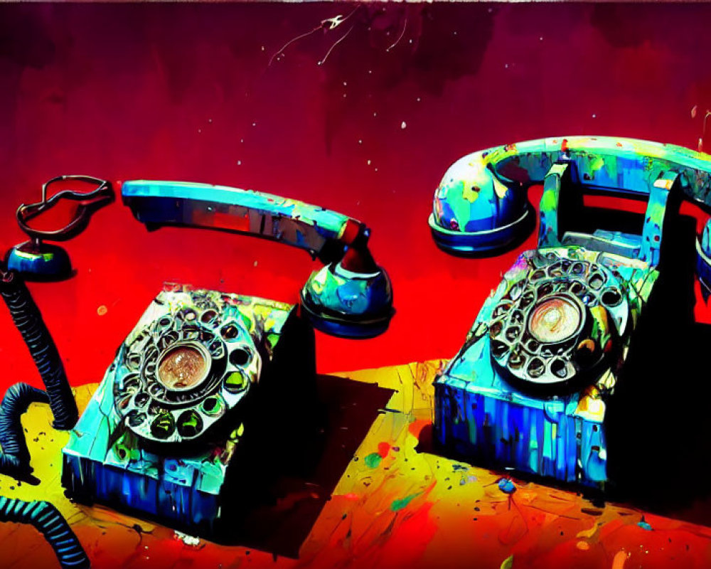 Vintage Rotary Dial Telephones on Red and Purple Background with Paint Splashes