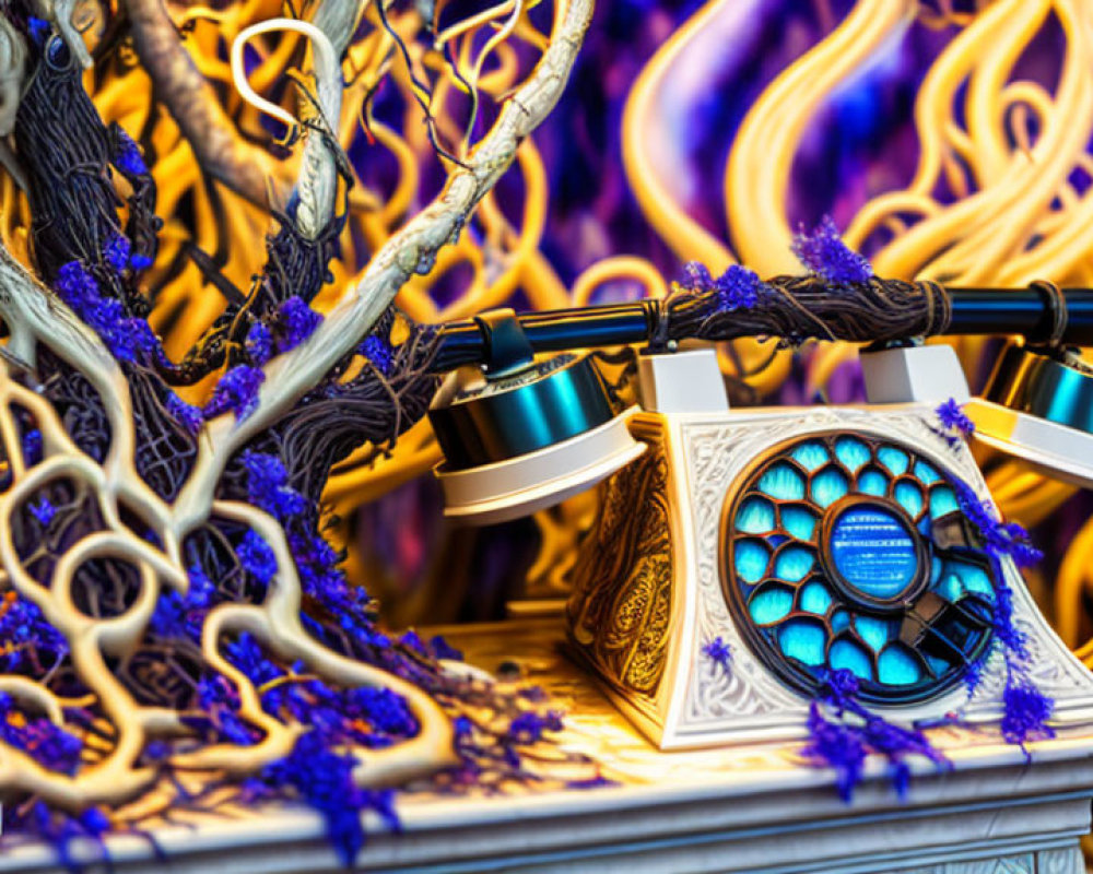 Fantasy-themed sculpture of purple tree and circular blue book