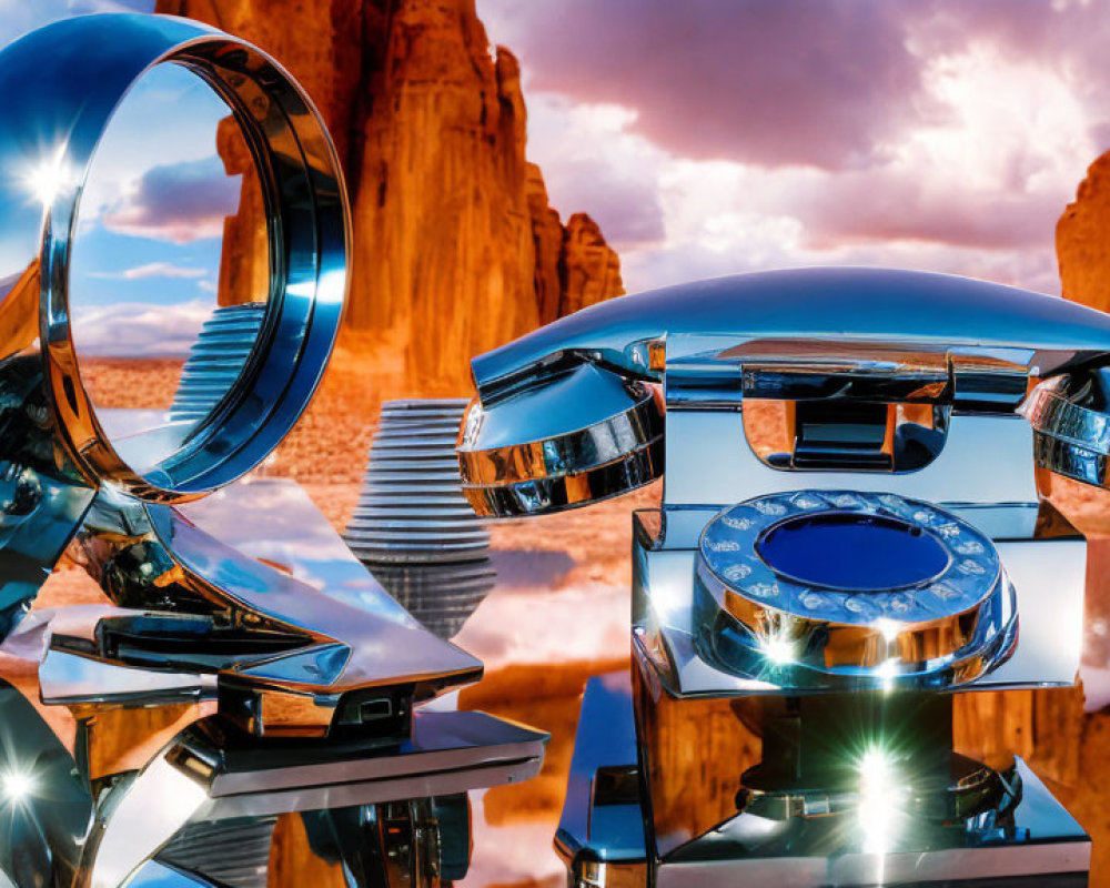 Reflective Rotary Telephone Sculpture Amid Red Rock Formations and Blue Sky