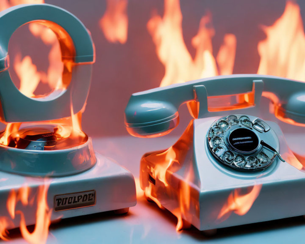 Vintage Rotary Phone with Flames Surrounding Base