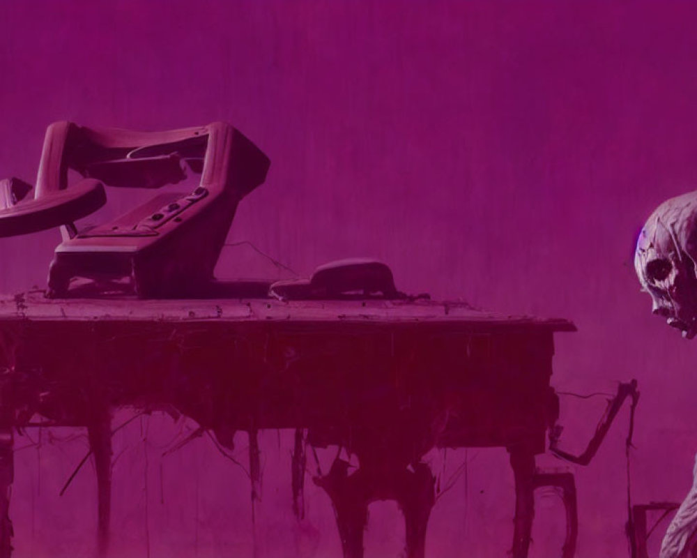 Skull-headed figure at melting desk with distorted phone in purple hue