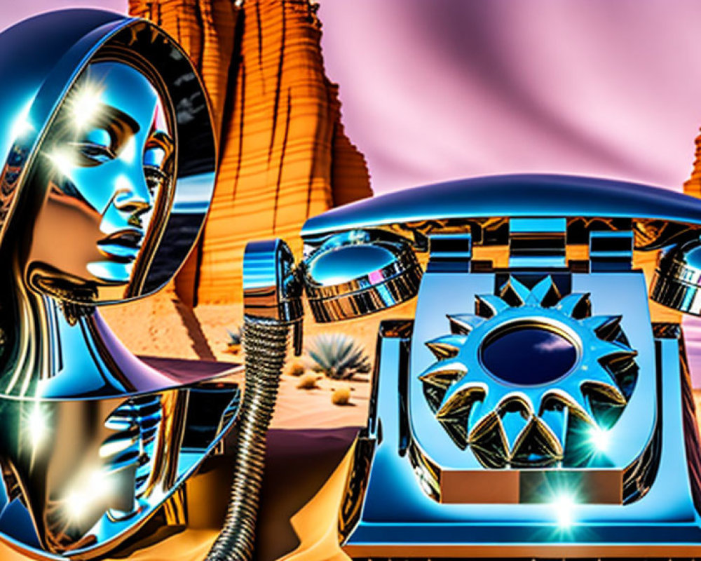 Metallic female face and vintage telephone in surreal desert landscape