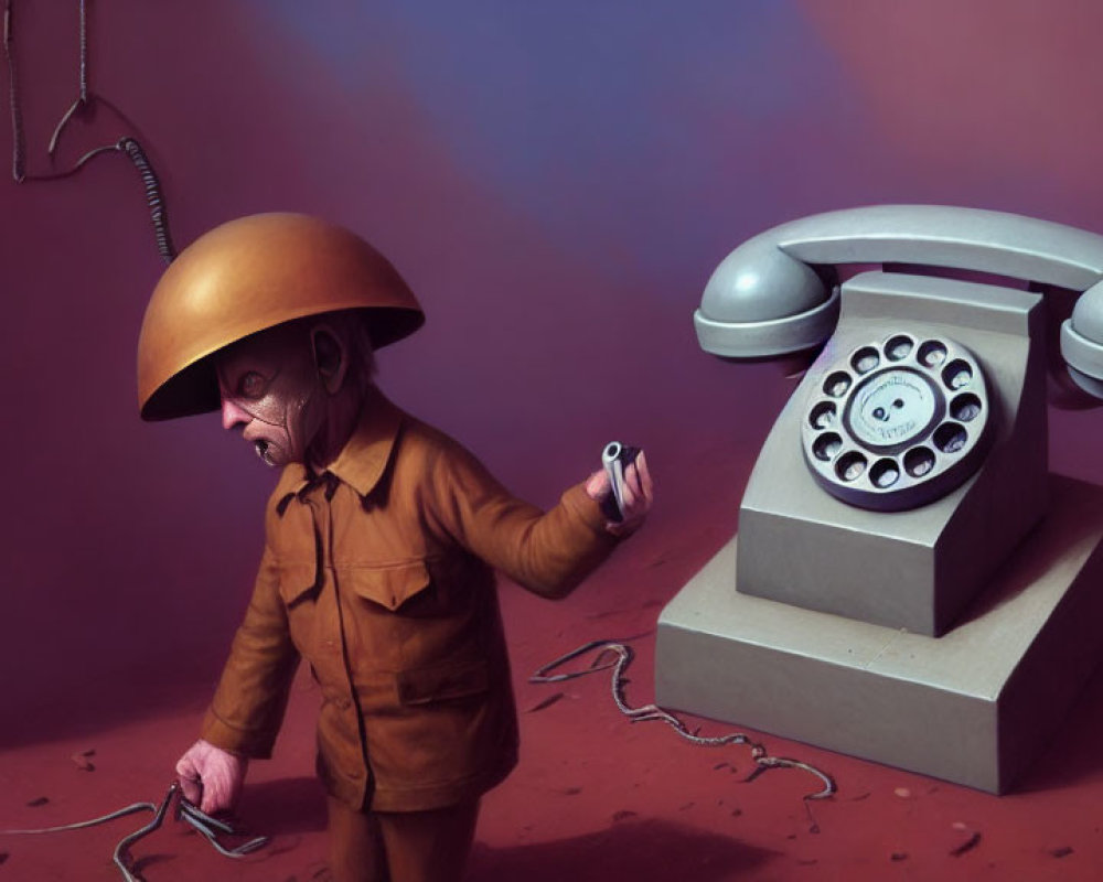 Colorful surreal illustration of person with oversized helmet and telephone speaking