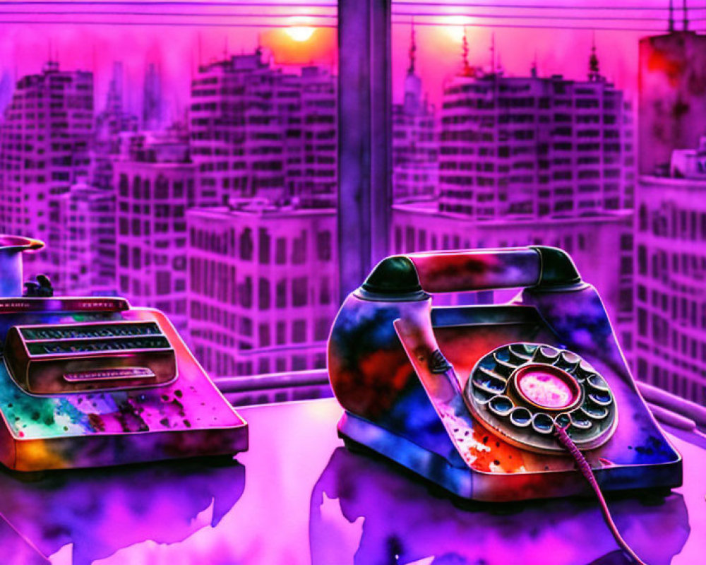 Neon-lit retro phone and cash register on cityscape backdrop